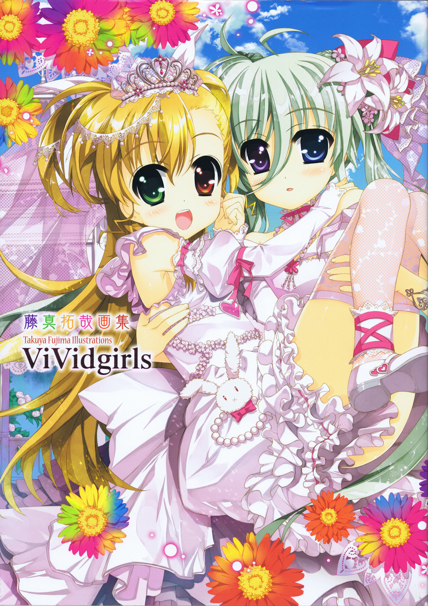 carrying dress einhart_stratos flower fujima_takuya heterochromia highres lyrical_nanoha mahou_shoujo_lyrical_nanoha mahou_shoujo_lyrical_nanoha_vivid official_art princess_carry vivio yuri