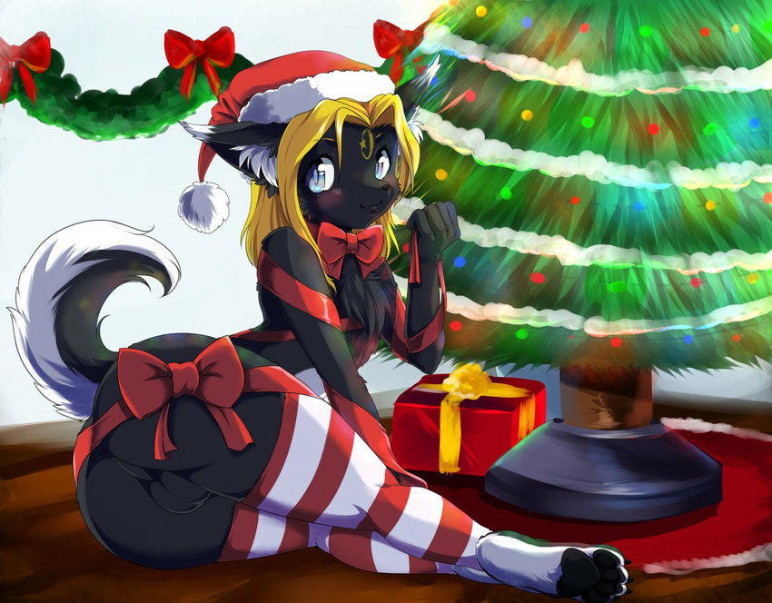 anus balls big_butt big_eyes blue_eyes blush body_markings bow_tie butt canine chest_tuft christmas christmas_tree cute fur gift gift_wrapped girly hair hat hindpaw holidays legwear looking_at_viewer looking_back lying male mammal markings on_side pawpads paws slyspirit smile solo stockings striped_stockings teasing thick_thighs thigh_highs tree tuft white-castle wolf