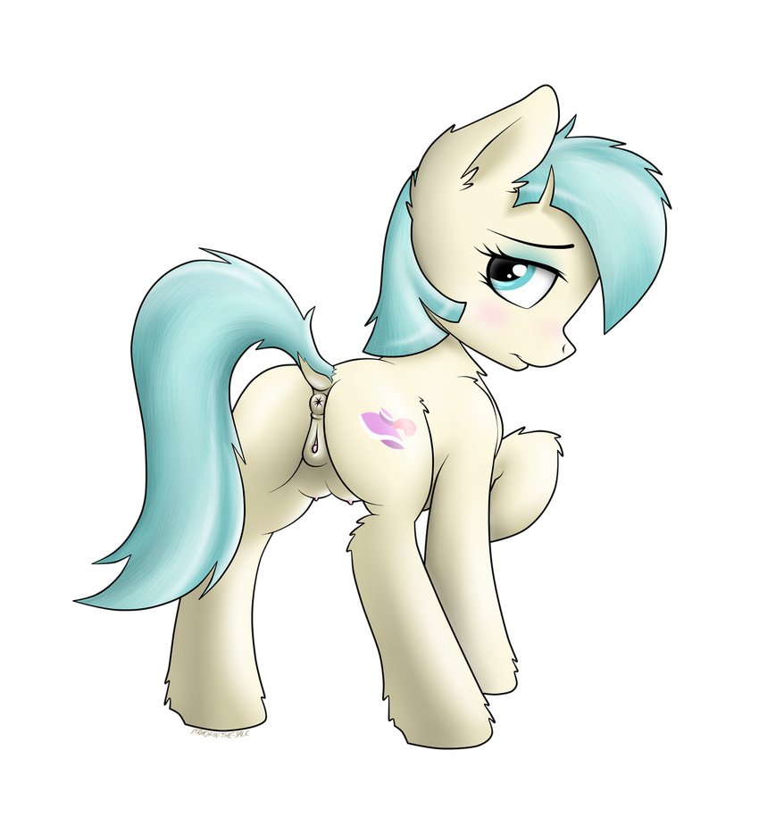 alpha_channel anus blue_eyes blue_hair butt clitoral_winking clitoris coco_pommel_(mlp) cutie_mark earth_pony equine female feral fluffy friendship_is_magic fur hair hi_res horse looking_at_viewer looking_back mammal my_little_pony nude plain_background pony presenting pussy solo standing strachinthesack teats transparent_background