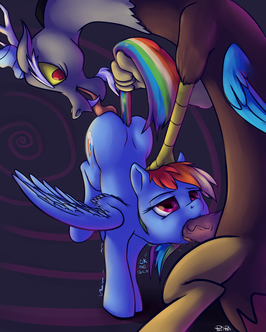 blue_fur cutie_mark deep_throat discord_(mlp) draconequus duo equine fangs fellatio female feral friendship_is_magic fur hair hi_res licking male mammal multi-colored_hair my_little_pony oral oral_sex pegasus penis penis_in_mouth ponypron purple_eyes rainbow_dash_(mlp) rainbow_hair rainbow_tail red_eyes sex straight tongue tongue_out wings