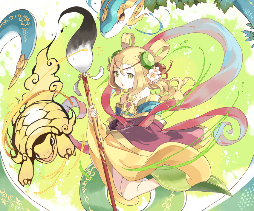 bare_shoulders blonde_hair calligraphy_brush chinese_clothes flower green_eyes hair_flower hair_ornament hair_rings hillly_(maiwetea) meimei_(p&amp;d) paintbrush puzzle_&amp;_dragons snake solo turtle turtle_shell