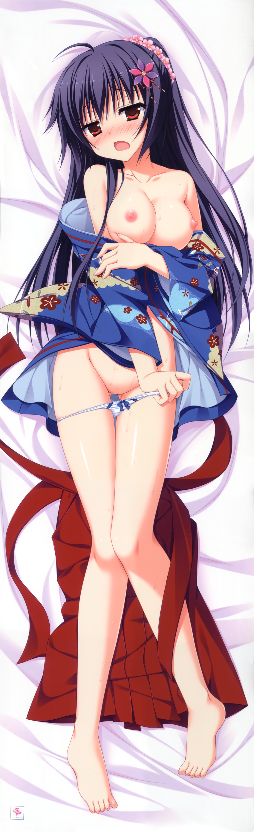 :o absurdres amagase_natsuki bare_shoulders bed_sheet blue_hair blue_panties blush breasts collarbone dakimakura floral_print from_above full-face_blush full_body hair_ornament hakama_pants highres huge_filesize japanese_clothes karumaruka_circle kimono kimono_pull legs long_hair lying medium_breasts moribe_(rabumanyo) nipples no_bra nose_blush on_back open_mouth panties pants pants_removed panty_pull ponytail red_eyes solo thigh_gap toes underwear yukata