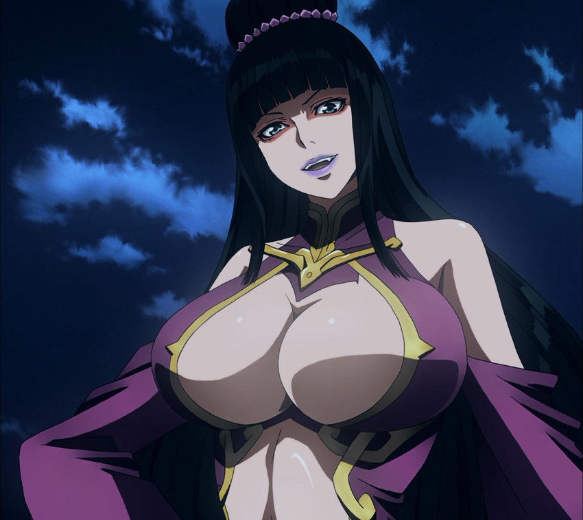 1girl black_hair breasts fuuun_ishin_dai_shogun highres houkouin large_breasts long_hair night smile solo standing stitched