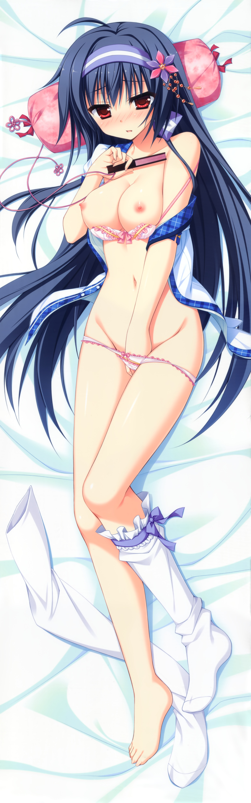 absurdres amagase_natsuki bed_sheet blue_hair blush bra bra_pull breasts closed_fan collarbone dakimakura fan fingering folding_fan from_above full-face_blush full_body groin hair_ornament hand_in_panties headband highres huge_filesize karumaruka_circle legs long_hair lying masturbation medium_breasts moribe_(rabumanyo) nipples on_back open_clothes open_shirt panties panty_pull pink_panties red_eyes school_uniform shirt solo thighhighs thighhighs_pull thighhighs_removed toes underwear white_legwear