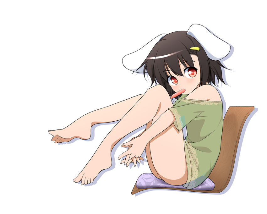 alternate_costume animal_ears bare_legs bare_shoulders barefoot black_hair blush bottomless bunny_ears feet full_body hachi_(chihagura) hair_ornament hairclip inaba_tewi looking_at_viewer mouth_hold naked_shirt no_bra no_panties red_eyes see-through shirt short_hair simple_background solo toes touhou tupet white_background