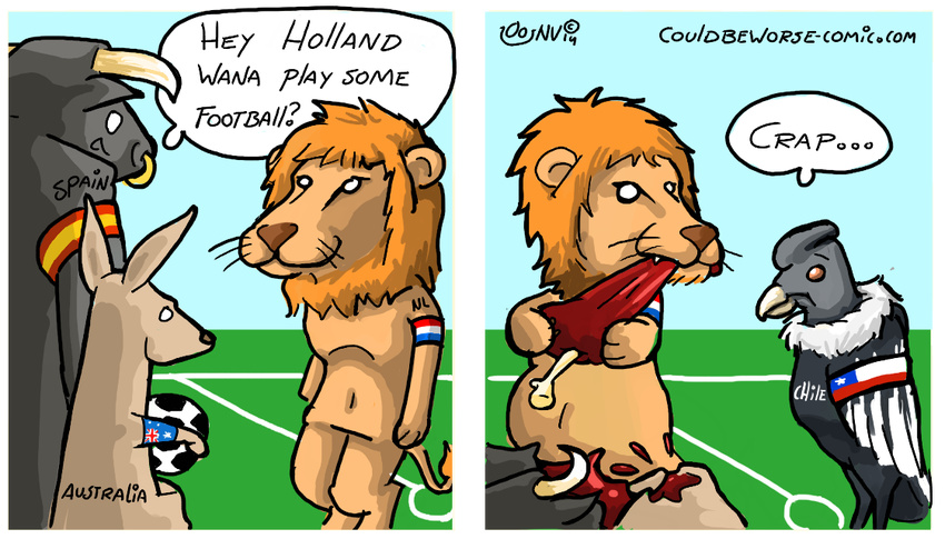 australia blood bone bovine cattle comic condor feline football gore humor kangaroo lion mammal marsupial meat netherlands overweight plain_background sad skinny spain too_late transparent_background unknown_artist vore world_cup