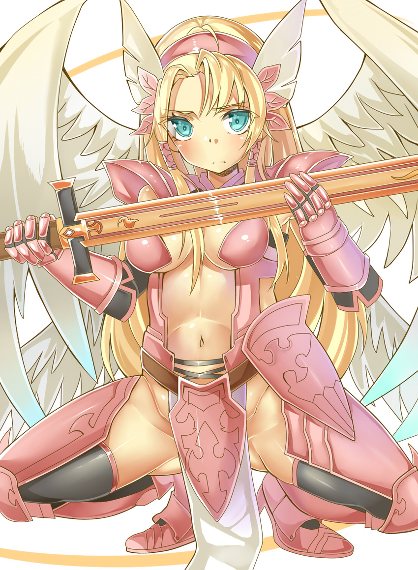 armor black_legwear blonde_hair breasts gauntlets green_eyes highres kukkumann long_hair looking_at_viewer medium_breasts minerva_(p&amp;d) navel no_pants pauldrons puzzle_&amp;_dragons shiny solo sword thighhighs weapon