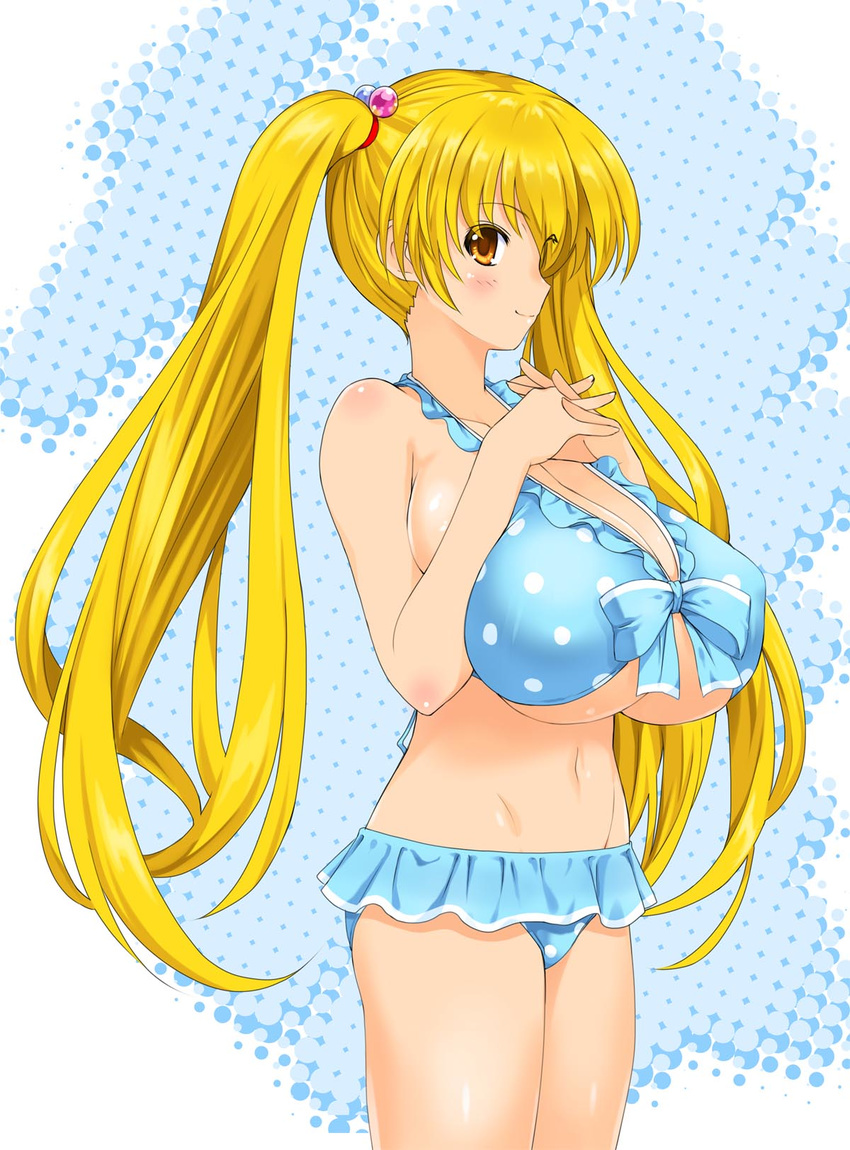 bad_id bad_pixiv_id bikini blonde_hair breasts brown_eyes cleavage frilled_bikini frills front-tie_top highres huge_breasts kamia_(not_found) long_hair looking_at_viewer matsuoka_kiyone navel original polka_dot polka_dot_bikini polka_dot_swimsuit smile solo swimsuit twintails underboob very_long_hair