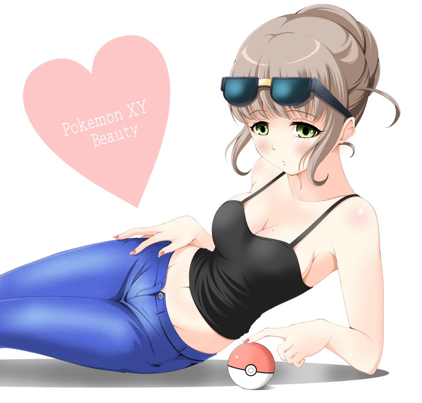 beauty_(pokemon) blush breasts character_name cleavage denim green_eyes heart highres jeans medium_breasts midriff mole mole_on_breast murasaki_jintori pants poke_ball pokemon pokemon_(game) pokemon_trainer pokemon_xy short_hair simple_background solo sunglasses unbuttoned white_background