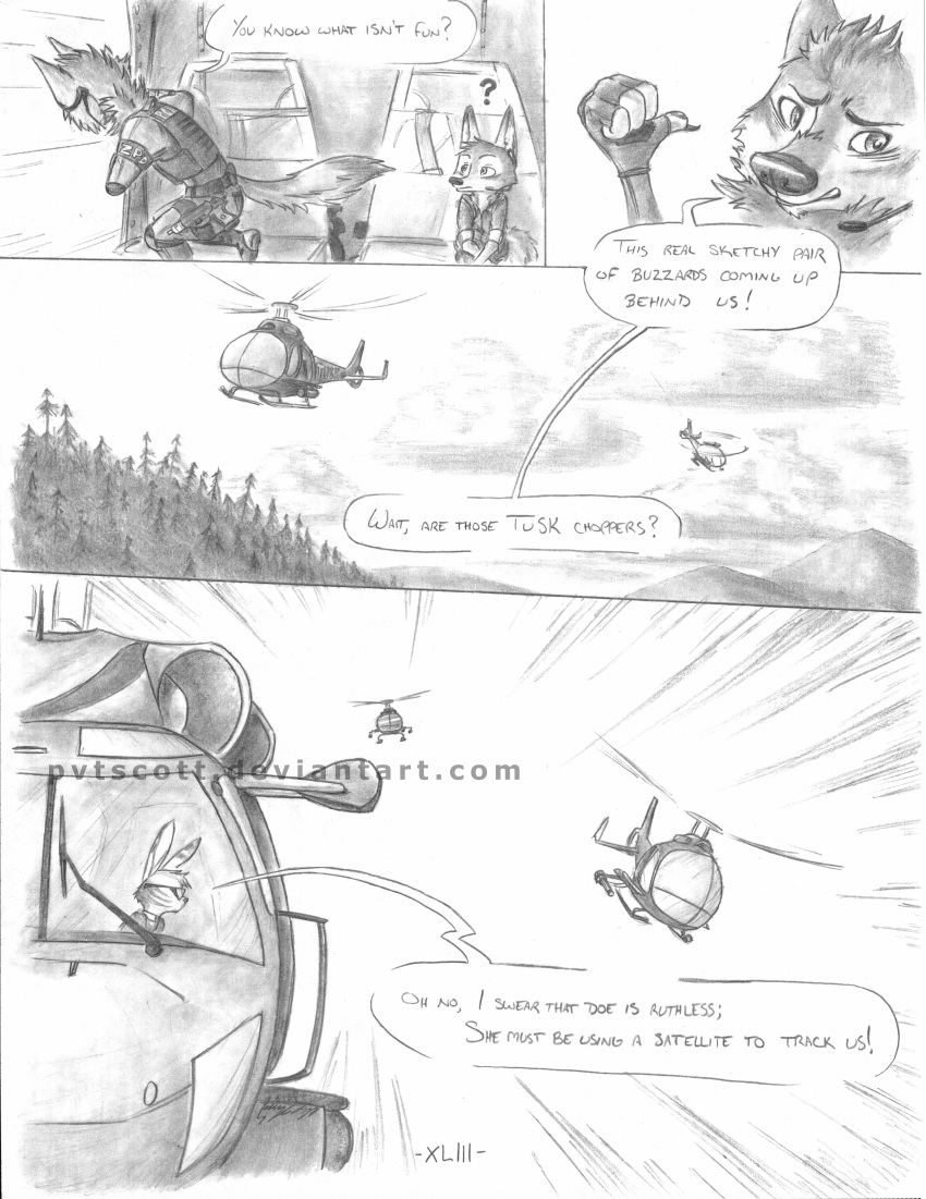 2018 absurd_res aircraft anthro canine clothing comic detailed_background dialogue disney fox greyscale helicopter hi_res jack_savage lagomorph male mammal monochrome nick_wilde pvtscott rabbit speech_bubble wolf wolford zootopia