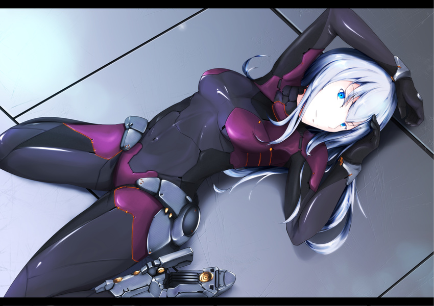 aiyat_@_maotto arm_over_head armor bangs blue_eyes bodysuit bracer breasts covered_navel dutch_angle faulds from_above gloves greaves high_heels letterboxed light_smile long_hair looking_at_viewer lying medium_breasts neon_trim on_back on_floor original pilot_suit shiny shiny_clothes silver_hair smile solo spread_legs tile_floor tiles turtleneck