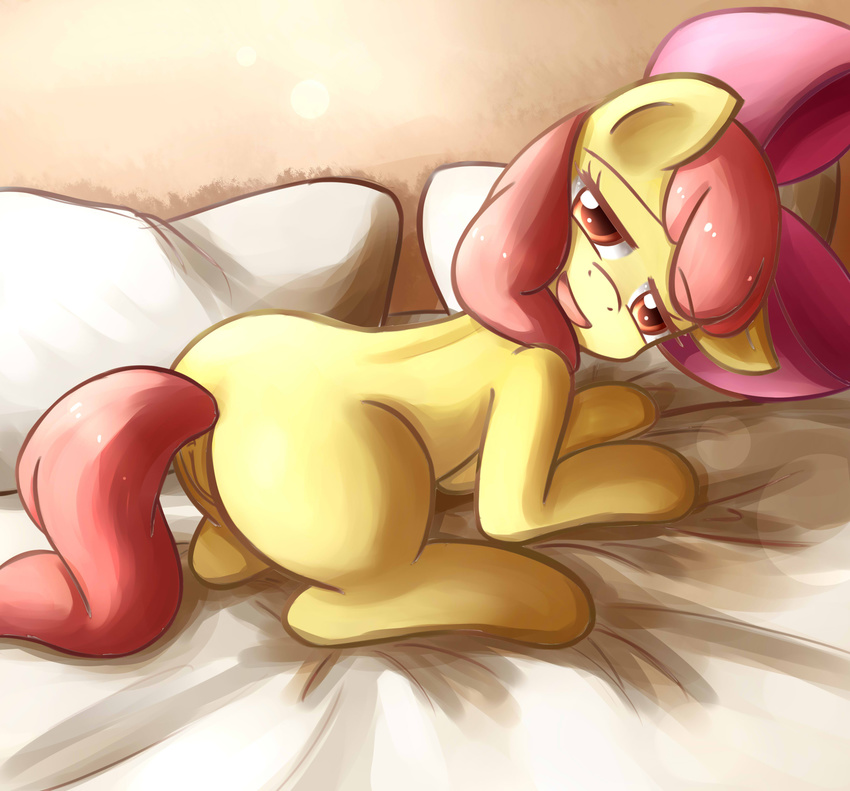 amber_eyes anus apple_bloom_(mlp) back_turned bedroom_eyes bow cub dyoung equine female feral friendship_is_magic fur hair hi_res hooves horse looking_at_viewer looking_back lying mammal my_little_pony on_bed open_mouth pony presenting pussy red_hair smile solo yellow_fur young