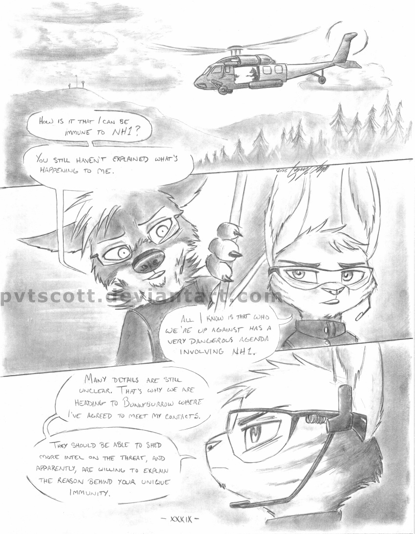 2018 absurd_res aircraft anthro canine clothing comic coyote coywolf detailed_background dialogue disney english_text greyscale helicopter hi_res hybrid jack_savage lagomorph male mammal monochrome pvtscott rabbit speech_bubble text wolf zootopia