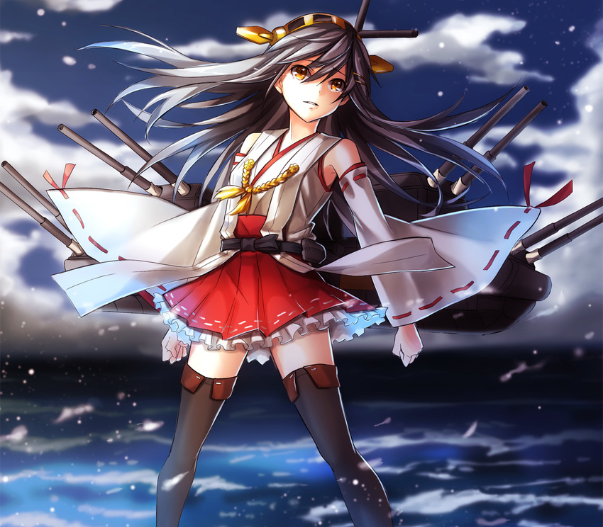 bad_id bad_pixiv_id bare_shoulders black_hair black_legwear boots cannon detached_sleeves haruna_(kantai_collection) headband kantai_collection long_hair nontraditional_miko sakou_mochi solo tears thigh_boots thighhighs yellow_eyes