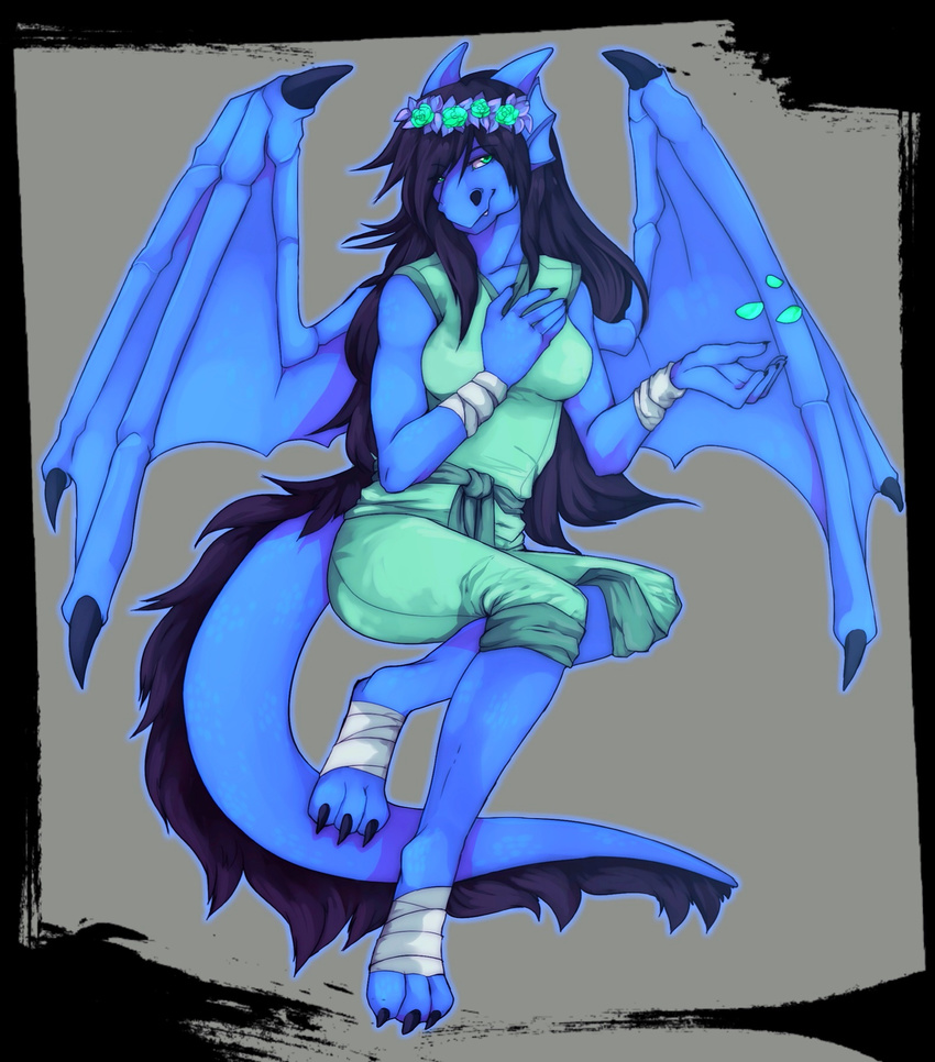 2013 bandage black_hair blue_skin breasts claws clothing dragon edit female flower green_eyes grey_background hair long_hair looking_at_viewer ookami-kun petals plain_background scalie smile solo toe_claws wings