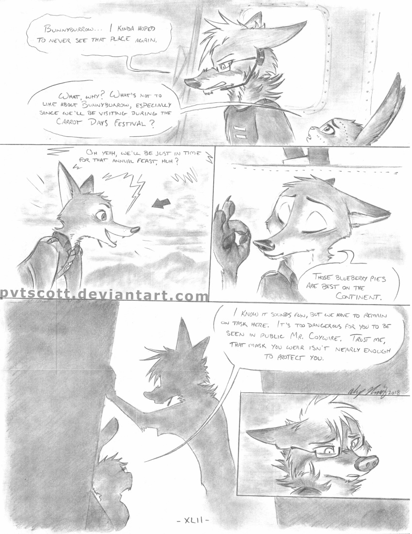 2018 absurd_res aircraft anthro canine clothing comic coyote coywolf detailed_background dialogue disney female fox greyscale helicopter hi_res hybrid judy_hopps lagomorph male mammal monochrome nick_wilde pvtscott rabbit speech_bubble wolf zootopia