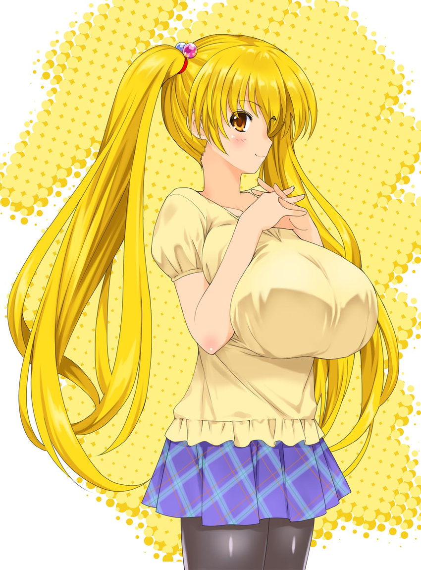 bad_id bad_pixiv_id blonde_hair breasts brown_eyes cleavage highres huge_breasts kamia_(not_found) long_hair looking_at_viewer matsuoka_kiyone original pantyhose skirt smile solo twintails very_long_hair