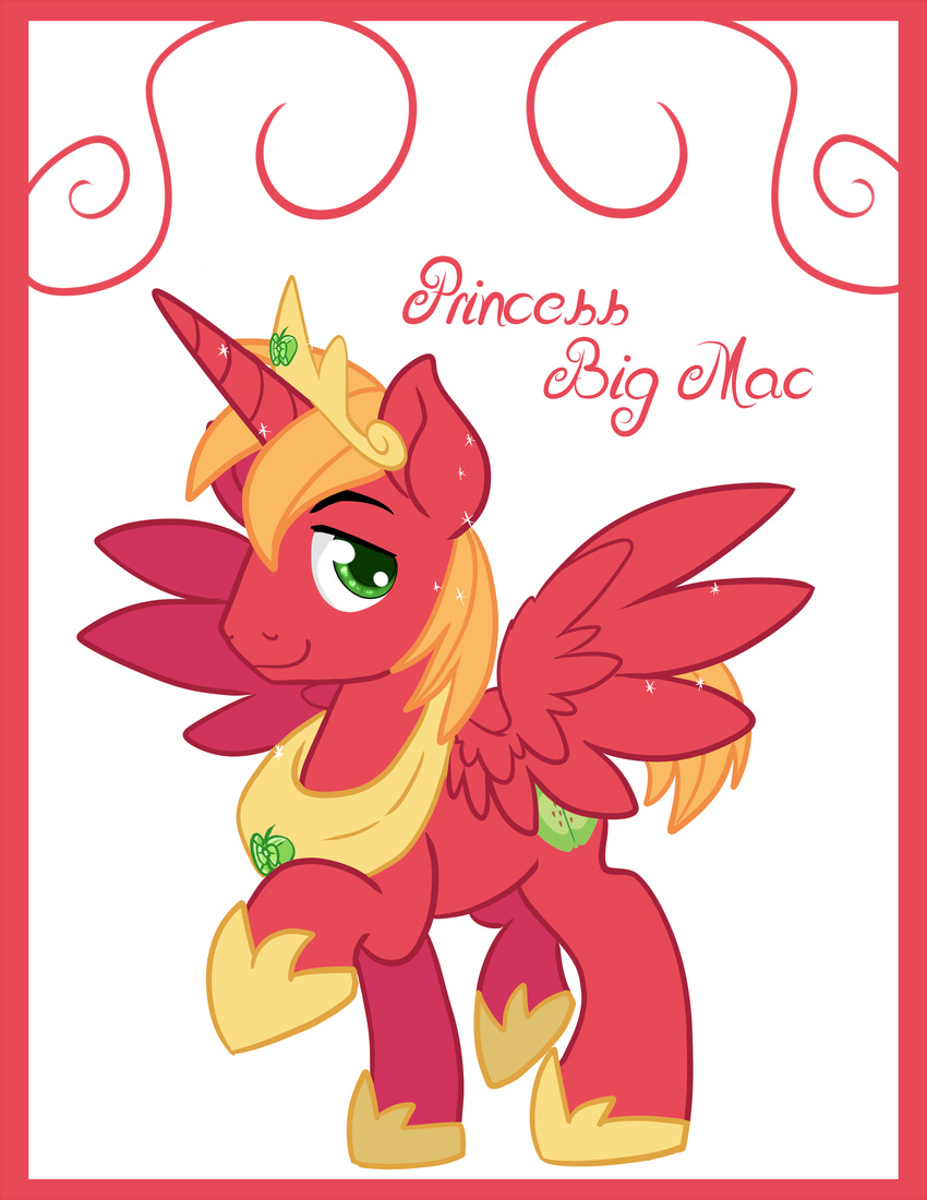 absurd_res apple big_macintosh_(mlp) blonde_hair crown cutie_mark dialog english_text equine friendship_is_magic fruit gem gold green_eyes hair hi_res horn kakashischika looking_at_viewer male mammal my_little_pony necklace portrait solo text winged_unicorn wings
