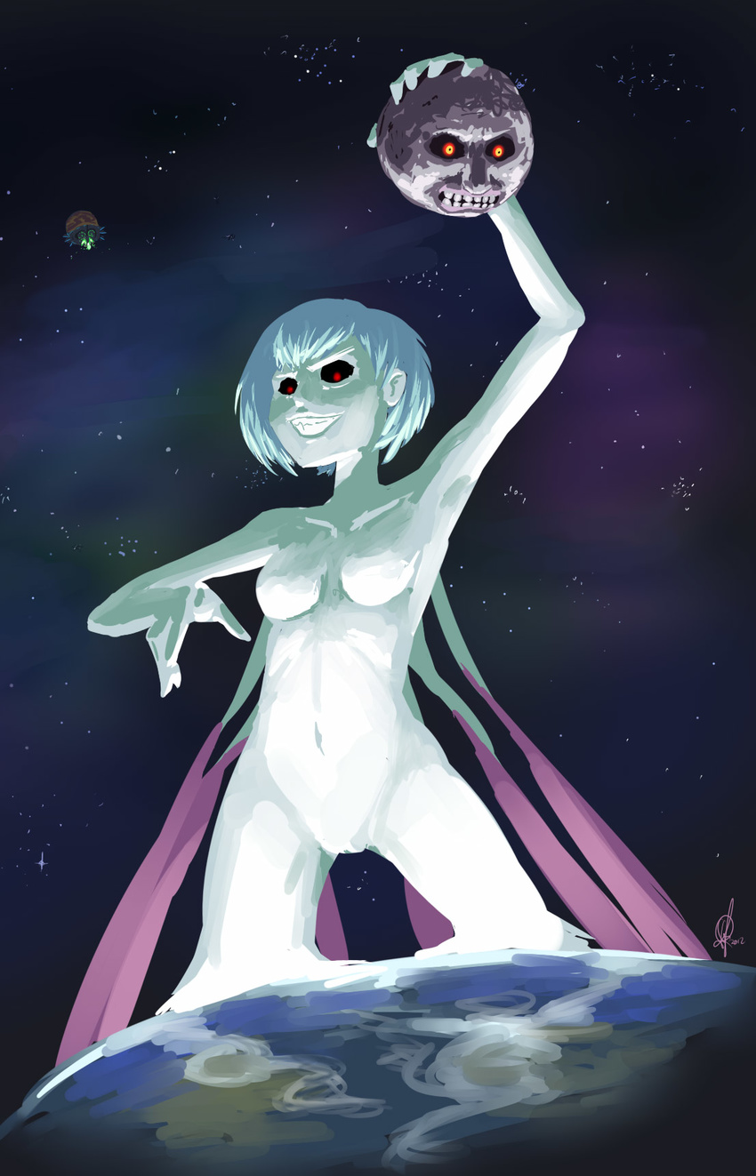2012 ayanami_rei black_sclera breasts collarbone commentary crossover dated earth english_commentary giantess grin highres lilith_(ayanami_rei) medium_breasts moon navel neon_genesis_evangelion nude open_mouth parted_lips planet pussy red_eyes signature smile sonic_the_hedgehog space space_colony_ark spoilers standing stomach teeth the_legend_of_zelda the_legend_of_zelda:_majora's_mask triple-q