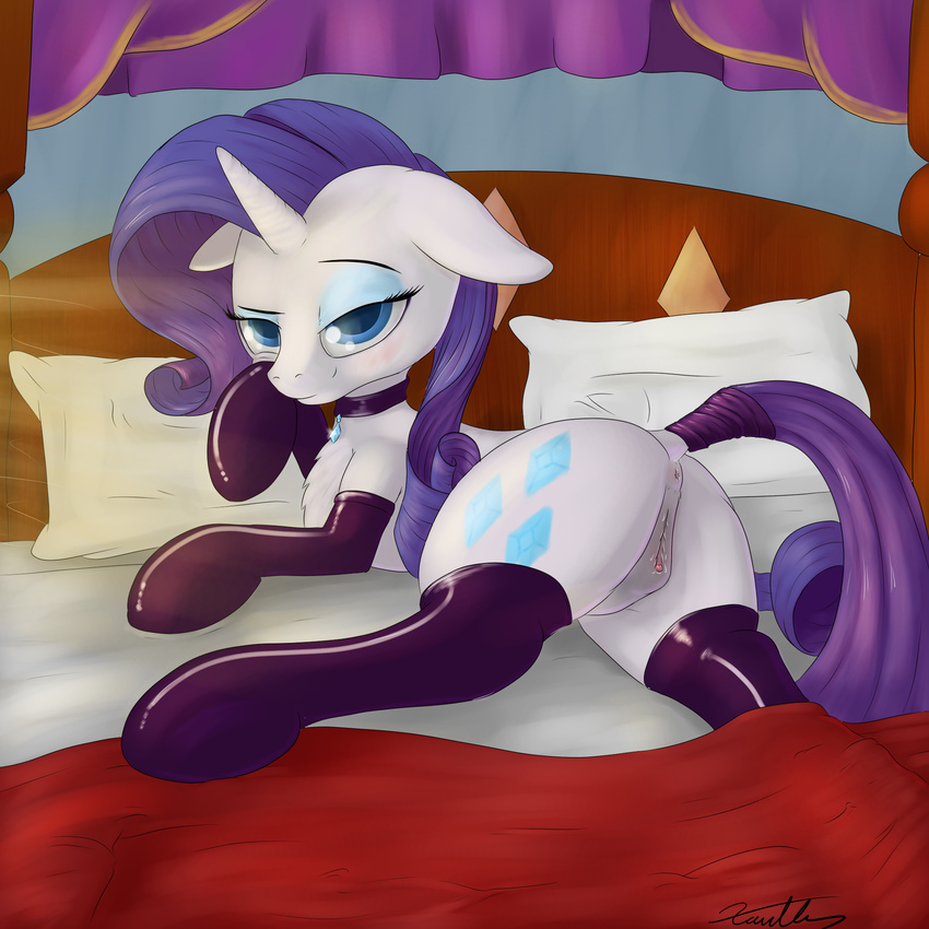 anus bed blue_eyes butt cutie_mark elbow_gloves equine eyelashes eyeshadow female feral friendship_is_magic fur gloves hair hi_res horn inside legwear looking_at_viewer lying makeup mammal my_little_pony pillow purple_hair pussy rarity_(mlp) solo thigh_highs unicorn white_fur xanthor