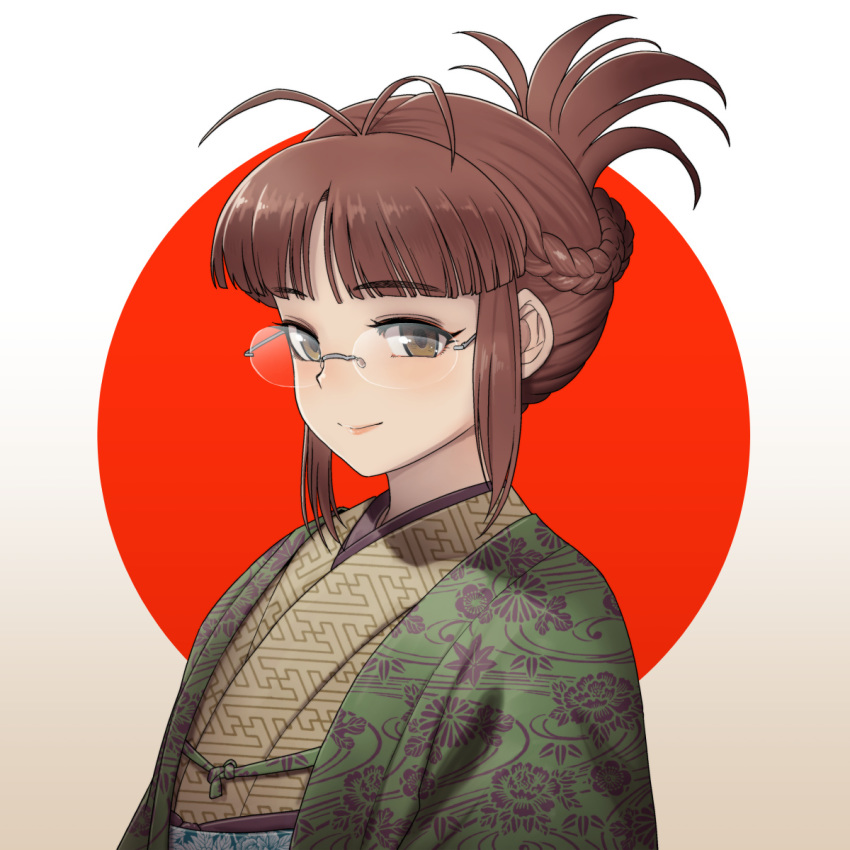 1girl akizuki_ritsuko antenna_hair bangs braid brown_eyes brown_hair brown_kimono chiaki_rakutarou closed_mouth eyebrows_visible_through_hair floral_print folded_ponytail french_braid glasses haori highres idolmaster idolmaster_(classic) japanese_clothes kikumon kimono long_hair obi print_kimono rimless_eyewear sash sidelocks smile solo two-tone_background upper_body white_background