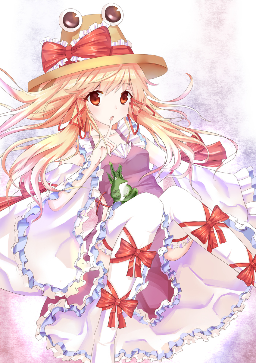 alternate_costume alternate_hair_length alternate_hairstyle animal_print blonde_hair detached_sleeves dress finger_to_mouth frills frog_print gradient gradient_background hair_ribbon hat hat_ribbon highres knees_together_feet_apart knees_up leg_ribbon long_hair looking_at_viewer moriya_suwako no_shoes open_mouth red_eyes ribbon ribbon-trimmed_legwear ribbon-trimmed_sleeves ribbon_trim sidelocks solo thighhighs touhou xiao_yinbie