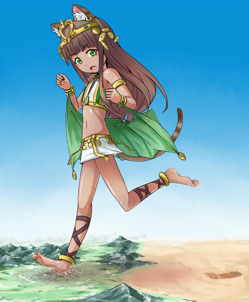 1girl animal_ears barefoot bastet_(p&amp;d) brown_hair cat_ears cat_tail desert destruction giantess green_eyes highres long_hair lots_of_jewelry mountain puzzle_&amp;_dragons skirt tail tan terada_ochiko tiara