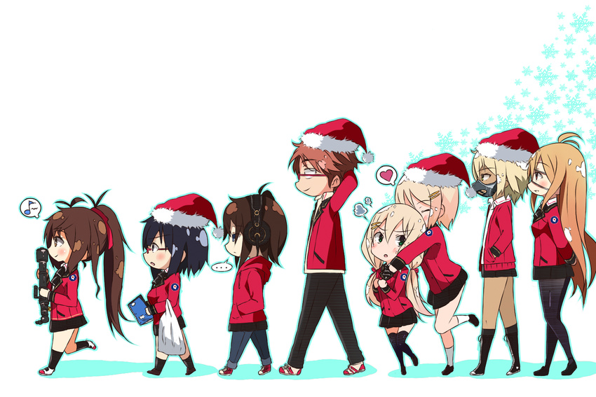 1boy 6+girls annaliese_koell ascot black_hair blonde_hair boots brown_hair chibi eighth_note erik_wilhelm everyone eyepatch glasses hair_ornament hairclip hat headphones heart hood hoodie isolda_gaillard jeanne_lefevre katja_bohm lena_forst mask missing_stars multiple_girls musical_note myuto_(advent_retribution) natalya_holm natasha_holm pantyhose santa_hat school_uniform siblings sisters skirt snowflakes spoken_ellipsis spoken_heart spoken_musical_note telescope thighhighs