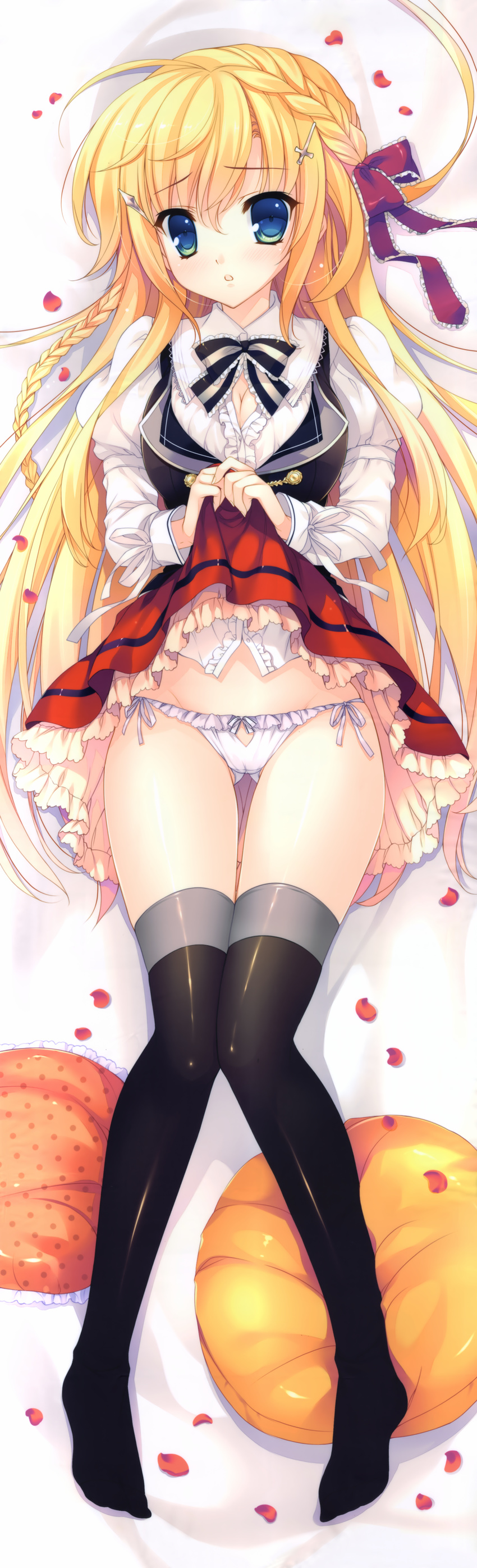 absurdres black_legwear blonde_hair blue_eyes braid breasts dakimakura frilled_panties frills full_body highres huge_filesize knees_together_feet_apart legs long_hair medium_breasts mitha panties petals pillow rose_petals school_uniform side-tie_panties skirt skirt_lift solo thighhighs underwear white_panties