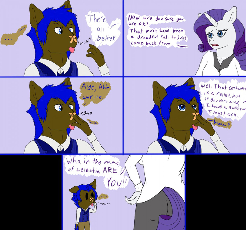ask_blog band-aid blue_eyes blue_hair clothed clothing comic dialog duo english_text equine friendship_is_magic hair horn lovingwolf mammal mane my_little_pony nigel nigel_(10_souls) original_character outfit plain_background purple_hair rarity_(mlp) text unicorn