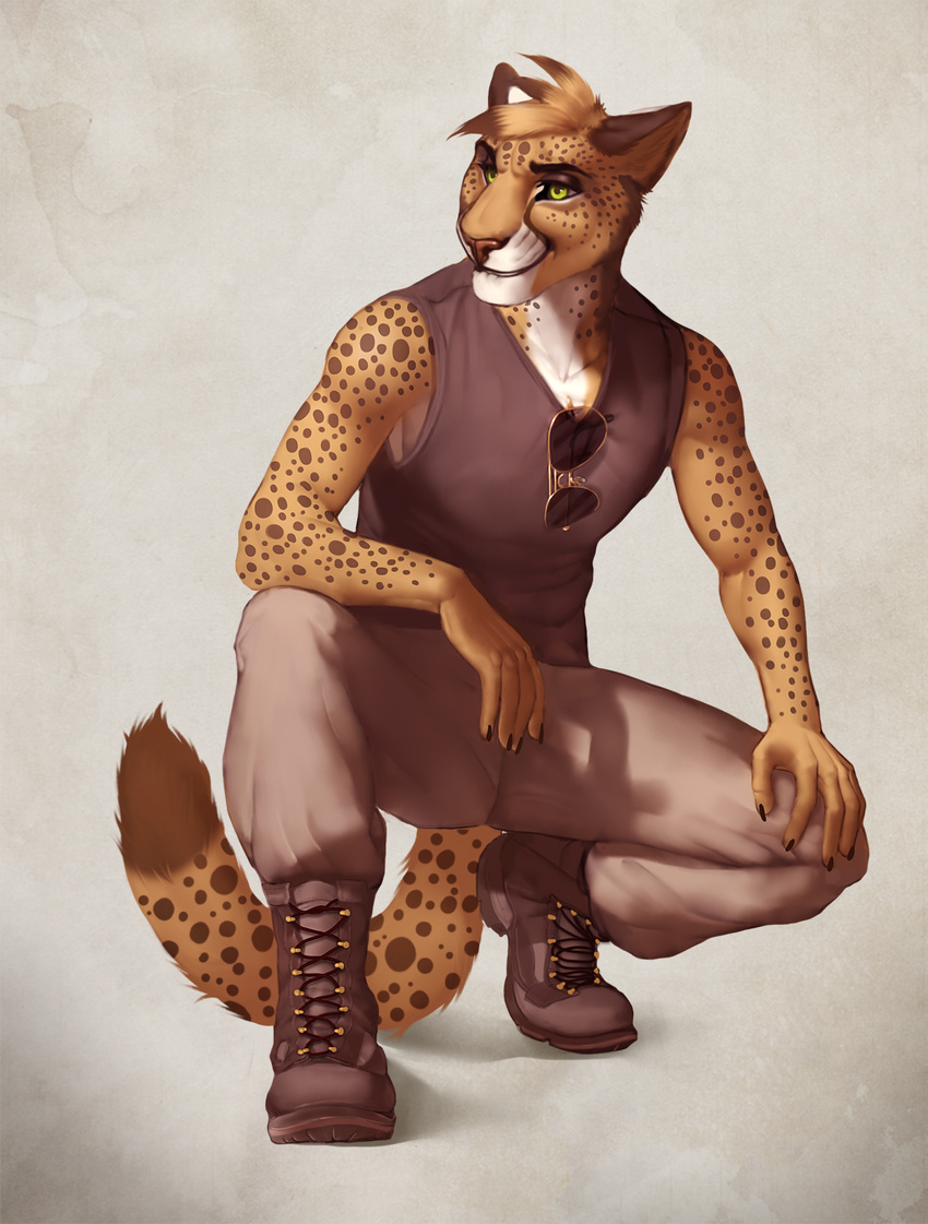 biceps biting_lip blonde_hair boots brown_hair cheetah clothing crouching eyewear feline fur glasses green_eyes hair lip_bite male mammal mithril07 pants plain_background plantigrade shirt shoes short_hair sleeveless solo spots sunglasses tank_top toned two_tone_hair yellow_fur