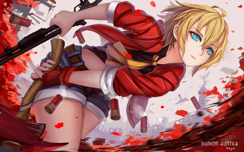 ascot axe blonde_hair blue_eyes fingerless_gloves gloves gun highres jacket original sekigan short_hair shorts shotgun shotgun_shells solo weapon