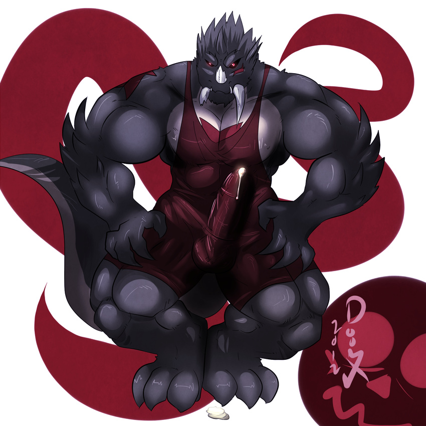 abs anthro biceps big_muscles black_sclera bulge clothing cum cum_drip doomix dragon dripping fangs grey_body looking_at_viewer male muscles pecs penis red-eyes red_eyes scalie solo spikes standing tight_clothing tusks wrestling_singlet