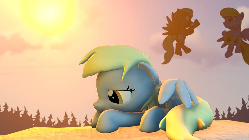 3d absurd_res blonde_hair cloud derpy_hooves_(mlp) equine female feral flying friendship_is_magic fur grey_fur group hair hi_res horse mammal my_little_pony mynokiarules outside pegasus pony sad solo_focus sun wings yellow_eyes