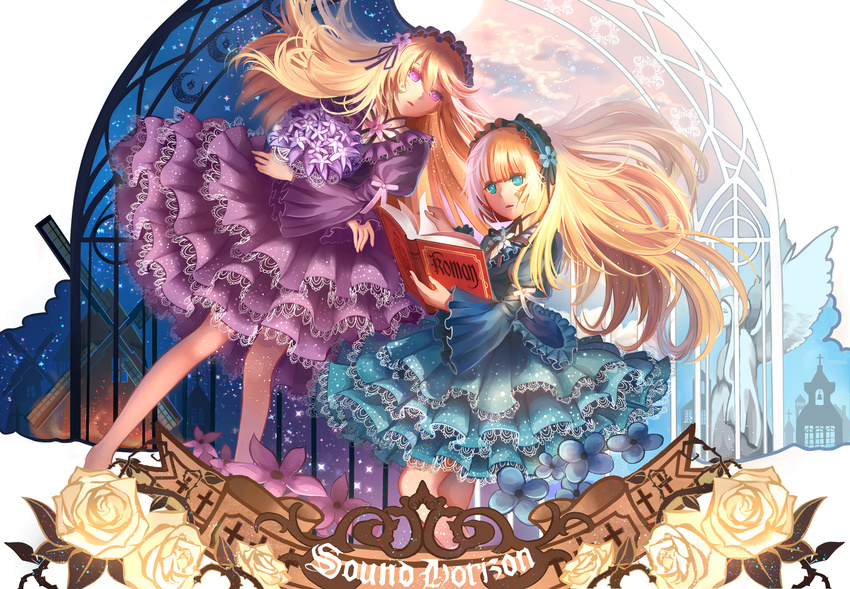 2girls blonde_hair blue_eyes book dress headdress hortense hunxiao_xingshuang purple_eyes sound_horizon violette