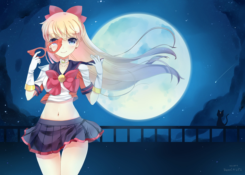 aino_minako artemis_(sailor_moon) bad_id bad_pixiv_id bishoujo_senshi_sailor_moon blonde_hair blue_eyes blue_sailor_collar bow choker cloud collarbone cowboy_shot crescent_moon elbow_gloves facial_mark forehead_mark full_moon gloves hair_bow half_updo keichan long_hair looking_at_viewer magical_girl mask mask_removed midriff moon navel night night_sky outdoors red_bow sailor_collar sailor_senshi_uniform sailor_v school_uniform serafuku shooting_star short_sleeves shoulder_pads skirt sky smile solo standing thigh_gap white_gloves