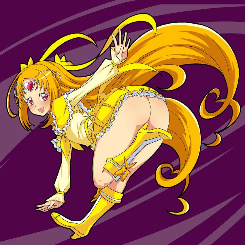 :d ass black_shuwashuwa_inryou boots bow circlet cure_muse cure_muse_(yellow) female frills hair_bow heart high_heel_boots high_heels highres long_hair looking_at_viewer magical_girl ome_(mercury_cigarette) open_mouth orange_hair pink_eyes precure shirabe_ako sketch skirt smile solo suite_precure thighs