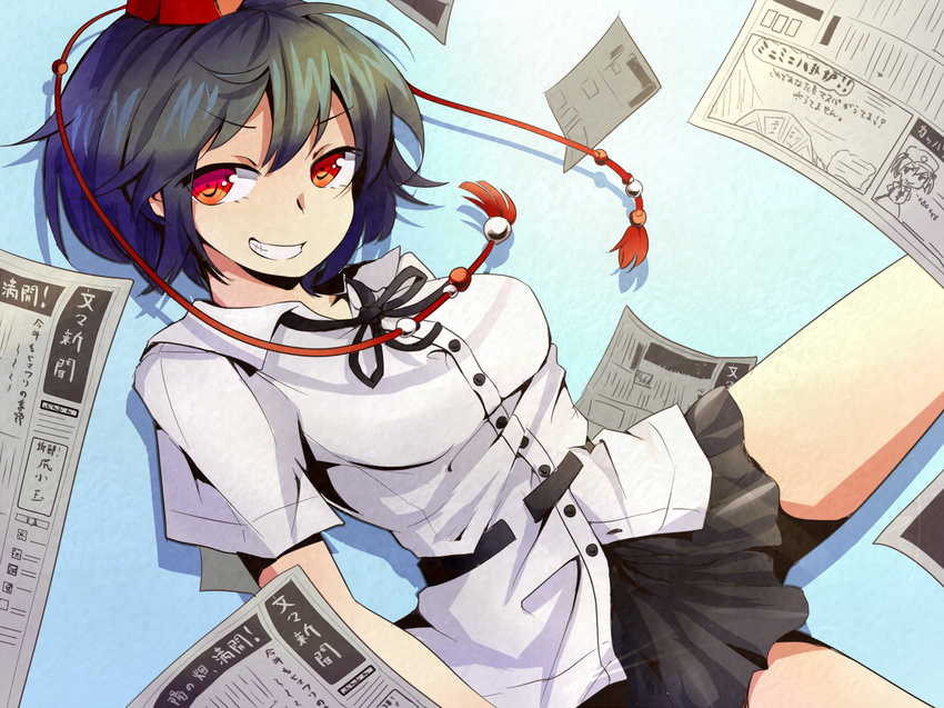 black_hair blouse breasts bunbunmaru clenched_teeth grin hat impossible_clothes kawashiro_nitori leaning_back looking_at_viewer medium_breasts miniskirt newspaper no_wings red_eyes shameimaru_aya shironeko_yuuki short_hair short_sleeves skirt smile solo teeth tokin_hat touhou white_blouse