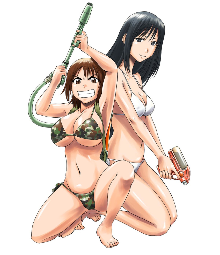 backpack bag barefoot bikini black_hair breasts brown_eyes brown_hair camouflage camouflage_bikini cleavage finger_on_trigger flamethrower gate_-_jieitai_ka_no_chi_nite_kaku_tatakaeri grey_eyes grin highres kneeling kuribayashi_shino kurokawa_mari large_breasts long_hair multiple_girls navel one_knee sao_satoru short_hair side-tie_bikini sideboob smile strap_gap swimsuit trigger_discipline underboob water_gun weapon white_bikini