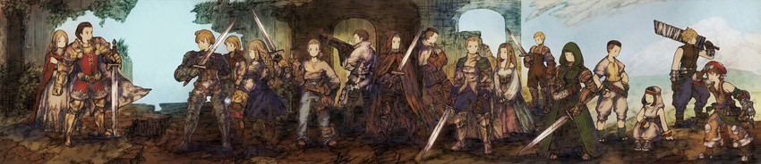 6+girls absurdres agrias_oaks alma_beoulve argath_thadalfus armor balflear belt beowulf_cadmus blonde_hair braid brown_hair cidolfus_orlandeau cloud_strife delita_heiral final_fantasy final_fantasy_tactics gloves gun hat headband highres knight long_hair long_image luso_clemens maekakekamen marach_galthena meliadoul_tengille multiple_boys multiple_girls mustadio_bunansa orran_durai ovelia_atkascha ramza_beoulve rapha_galthena reis_duelar rifle short_hair sword weapon wide_image