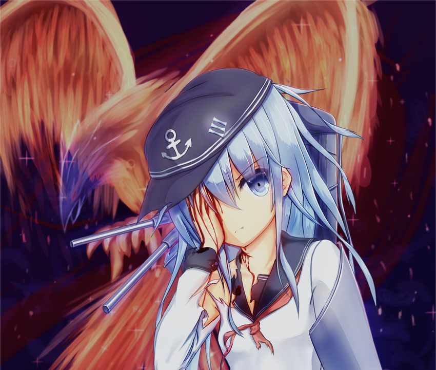 akabane_hibame bad_id bad_pixiv_id bird blood blood_on_face covering_one_eye hat hibiki_(kantai_collection) highres kantai_collection long_hair looking_at_viewer machinery neckerchief phoenix school_uniform serafuku silver_hair solo torn_clothes upper_body