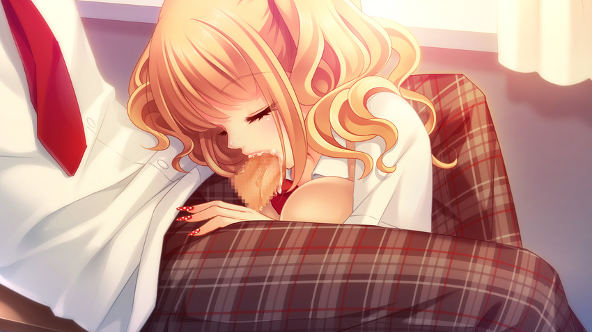 1girl blonde_hair blush breasts censored closed_eyes cum cum_in_mouth fellatio fingernails hetero highres large_breasts long_hair momoi_komomo necktie oral original penis plaid red_neckwear school_uniform solo_focus sweater_vest