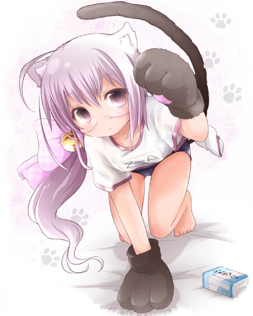 akino_coto animal_ears barefoot bell blush bow cat_ears cat_tail feet glasses hair_bell hair_bow hair_ornament highres jingle_bell long_hair looking_at_viewer original paw_print paws purple_eyes purple_hair solo tail toes