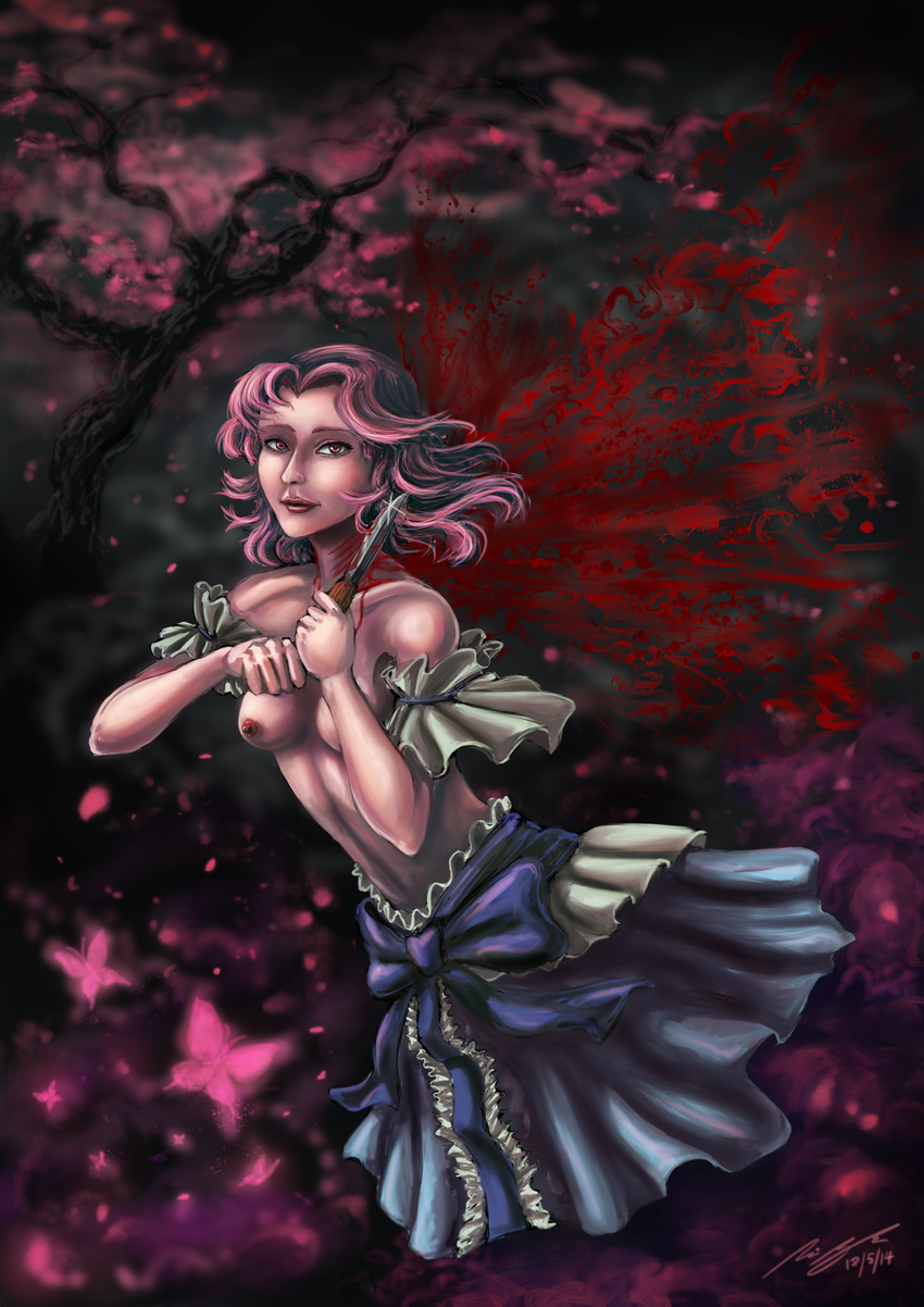 absurdres arm_garter blood breasts bug butterfly cherry_blossoms cutting dated faux_traditional_media highres insect knife lips looking_at_viewer medium_breasts nipples no_hat no_headwear pink_eyes pink_hair saigyouji_yuyuko saigyouji_yuyuko_(living) self-mutilation short_hair signature suicide topless touhou wings zucreelo