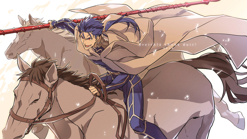 blue_hair cape earrings fate/stay_night fate_(series) gae_bolg horse jewelry kon_manatsu lancer long_hair male_focus polearm ponytail red_eyes solo spear weapon