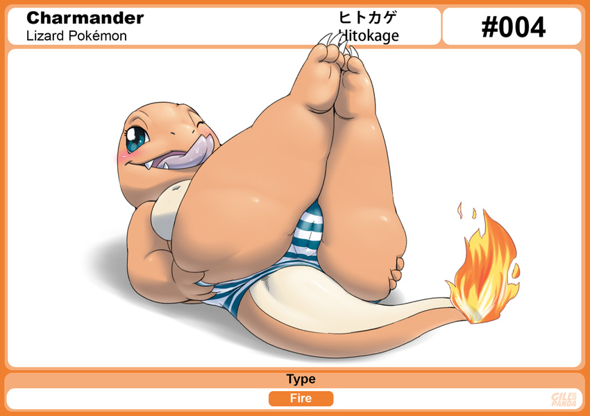 bald barefoot blue_eyes blush breasts bulge butt camel_toe charmander chubby claws clothed clothing dragon english_text eyelashes female fire gillpanda half-dressed hand_on_butt happy hi_res japanese japanese_text looking_away lying nintendo nipples on_back on_floor one_eye_closed open_mouth orange_body orange_dragon panties pok&#233;mon pok&eacute;mon raised_leg saliva sharp_claws sharp_teeth smile solo squeeze striped_panties teeth text toe_claws tongue tongue_out topless underwear video_games