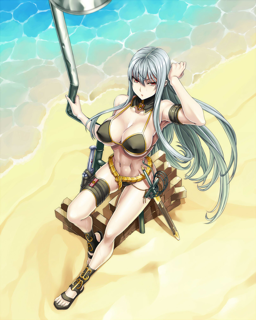 abs beach bikini black_bikini breasts cleavage covered_nipples detached_collar highres large_breasts long_hair navel open_mouth outdoors red_eyes sandals selvaria_bles senjou_no_valkyria senjou_no_valkyria_1 sheath sheathed shunzou silver_hair solo strap_gap swimsuit sword water weapon