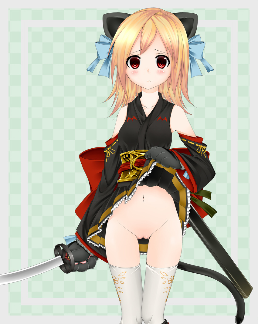 1girl animal_ears artist_request bad_id blonde_hair blush brown_eyes cat_ears cat_tail character_request cleft_of_venus detached_sleeves fantasy_earth_zero gloves hair_ornament hair_ribbon highres japanese_clothes katana kengo_(kengo_0530) long_hair looking_at_viewer navel no_panties red_eyes ribbon sash skirt skirt_lift solo sword tail thighhighs thighs uncensored weapon white_legwear