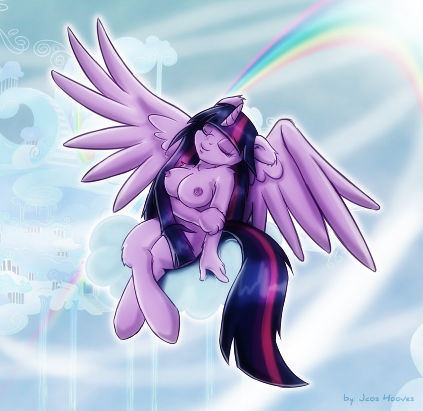 breasts cloud equine eyes_closed feathers female friendship_is_magic fur hair hi_res hooves horn jcoshooves mammal my_little_pony purple_fur purple_hair rainbow sitting smile solo twilight_sparkle_(mlp) winged_unicorn wings