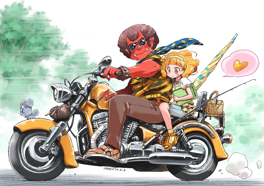 1girl akaooni blonde_hair blush brown_hair candy_(smile_precure!) fangs ground_vehicle hairband heart highres isedaichi_ken kise_yayoi looking_at_viewer motor_vehicle motorcycle precure red_skin short_hair sitting smile_precure! sunglasses white_hairband yellow_eyes